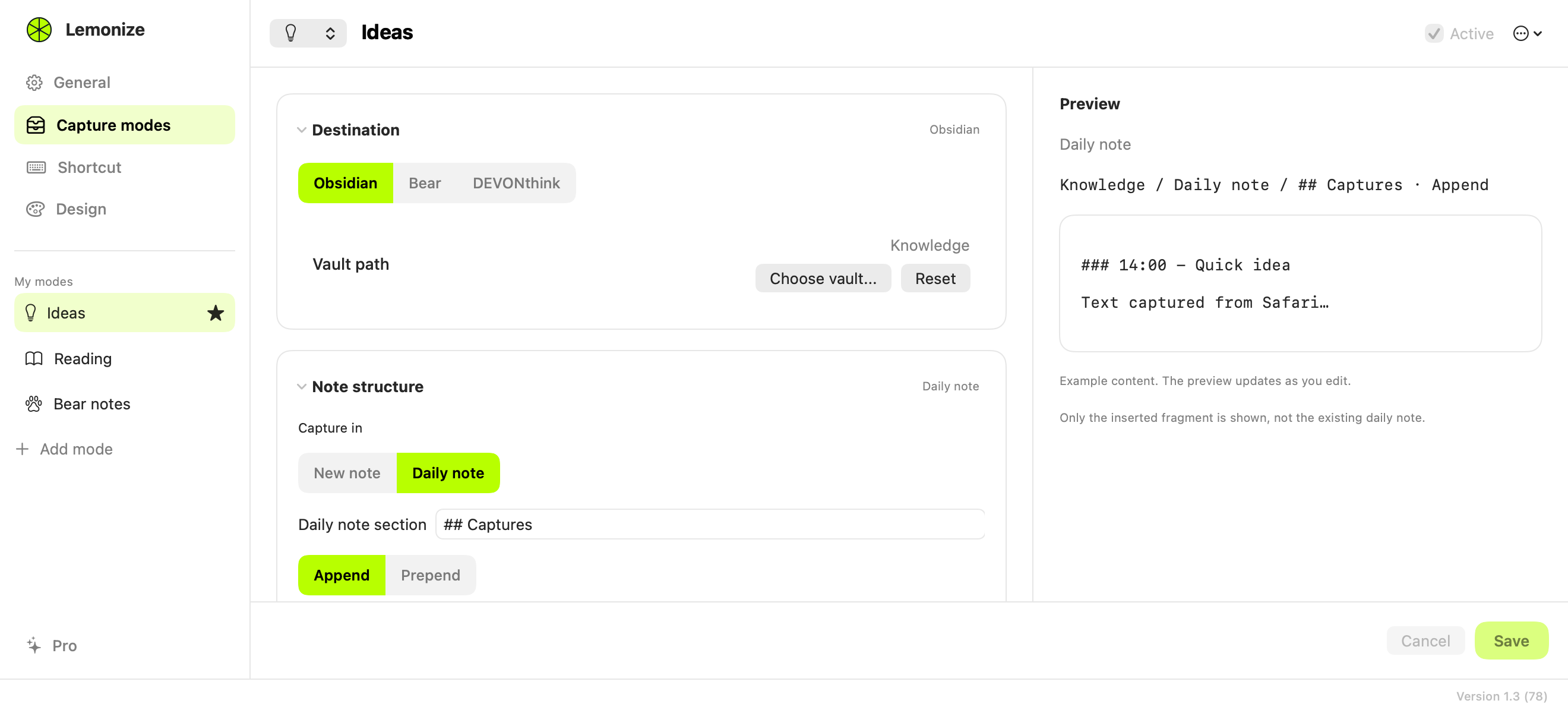 Lemonize capture mode editor showing the mode list, Obsidian destination and note preview