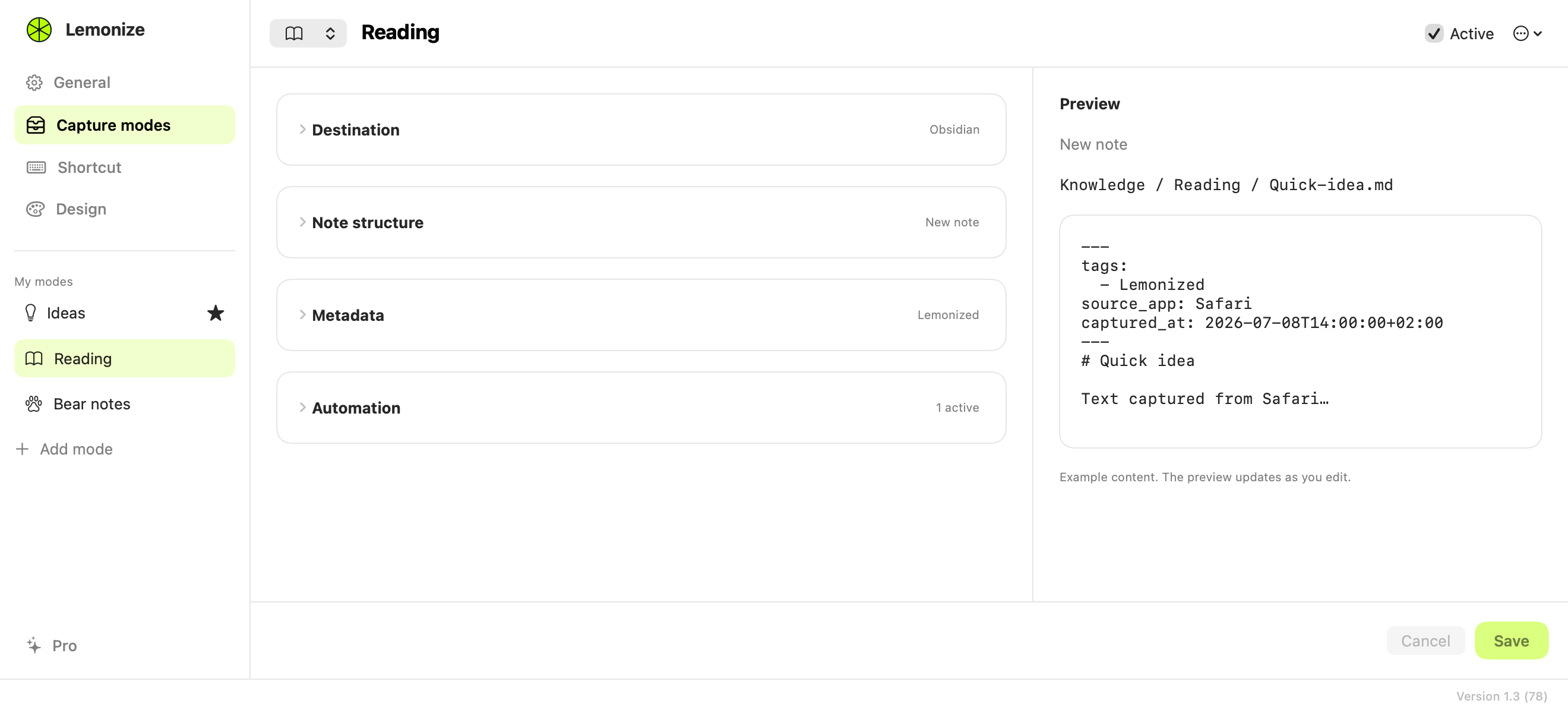 Use Add mode in the sidebar, then name the mode and choose its icon at the top. Reading is the example used below.