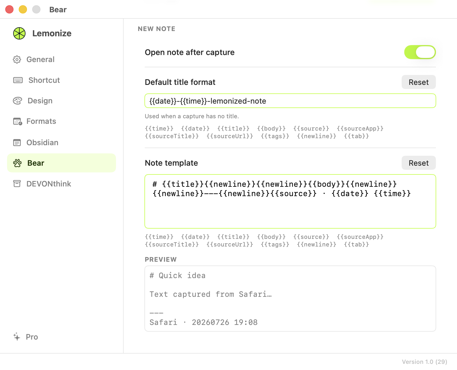 Lemonize Bear note template, placeholders and live Markdown preview.