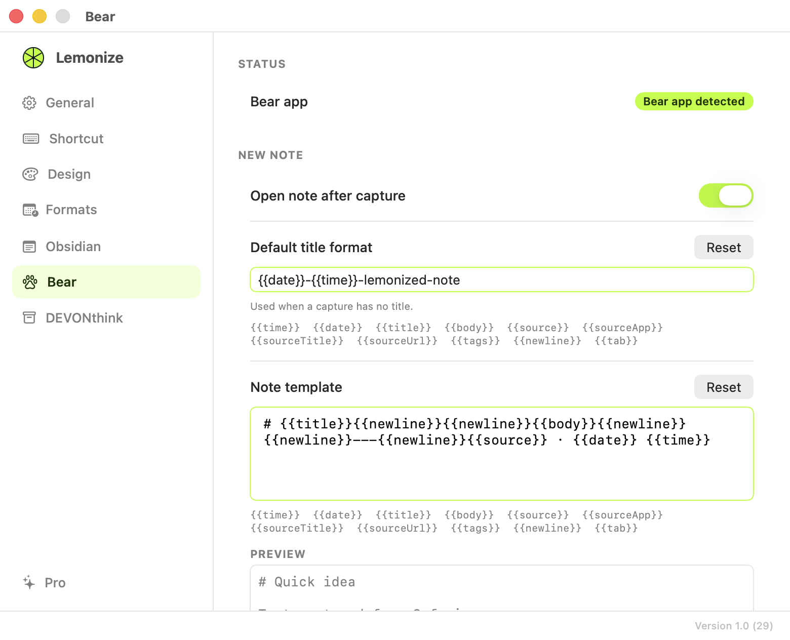 Lemonize Bear settings: app status, open-after-capture option, fallback title and note template.
