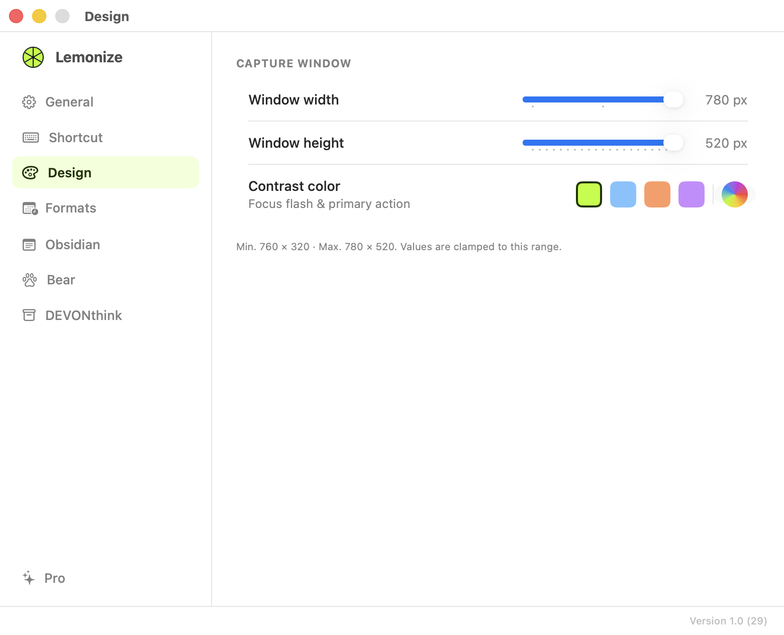 Lemonize capture window design settings
