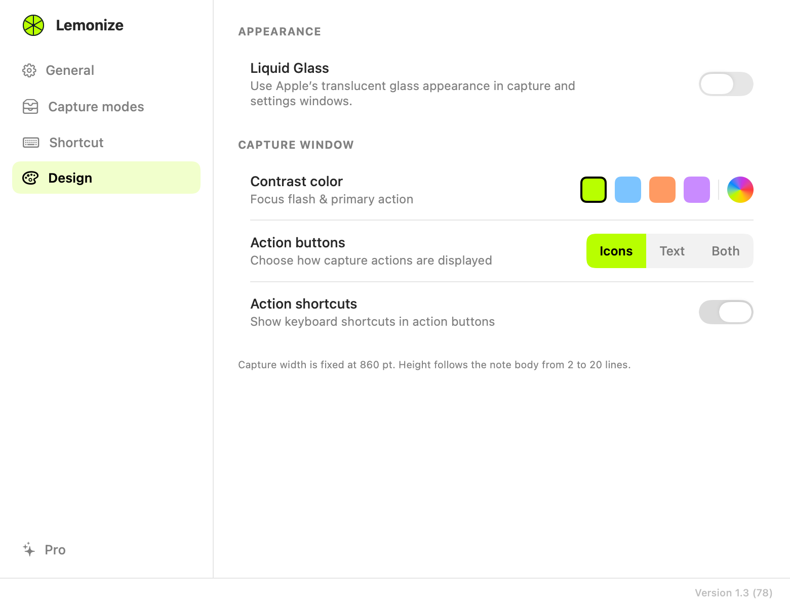Lemonize 1.3 Design settings: Liquid Glass, contrast colors, action button labels and shortcut visibility.