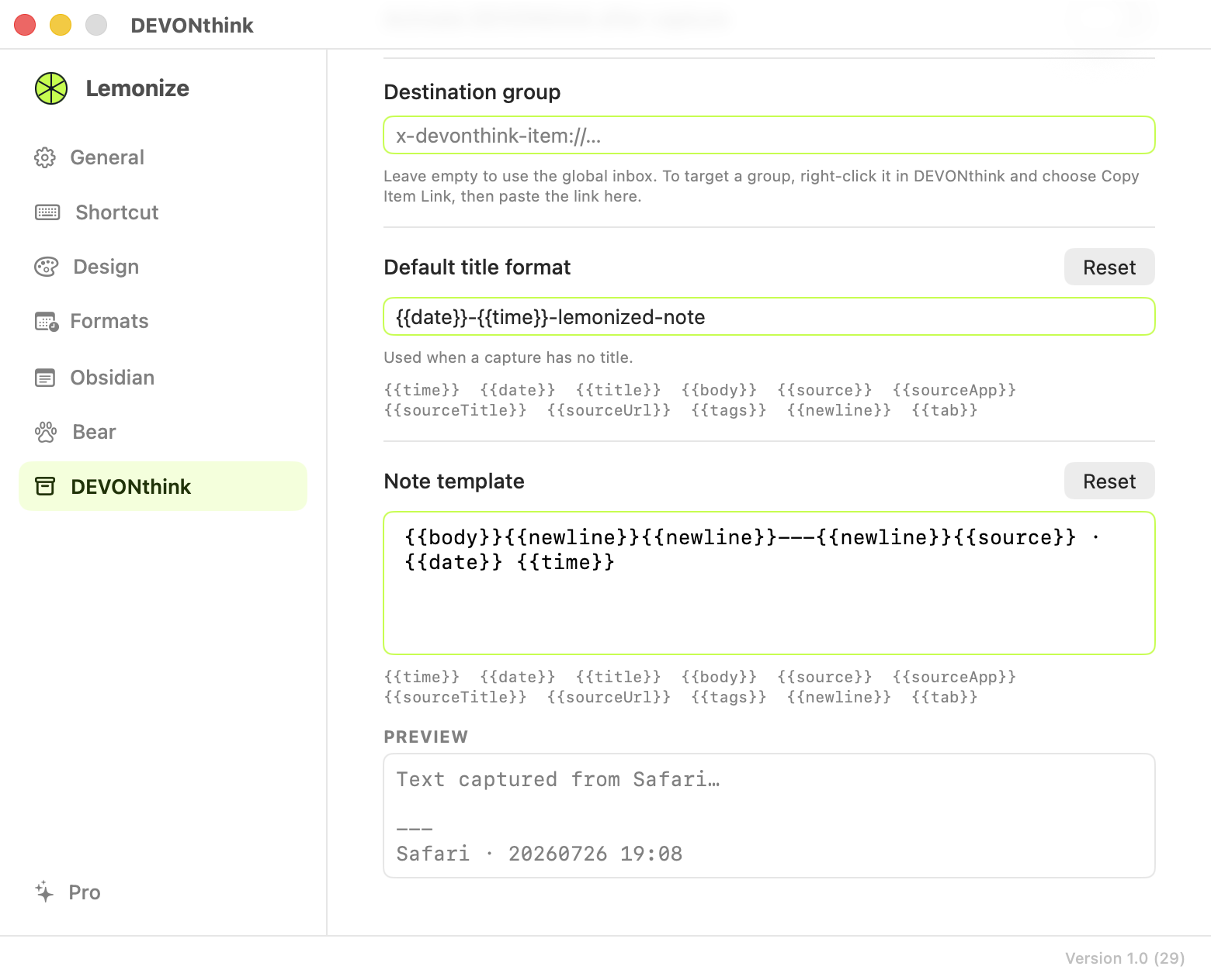 Lemonize DEVONthink destination, note template, placeholders and live preview.