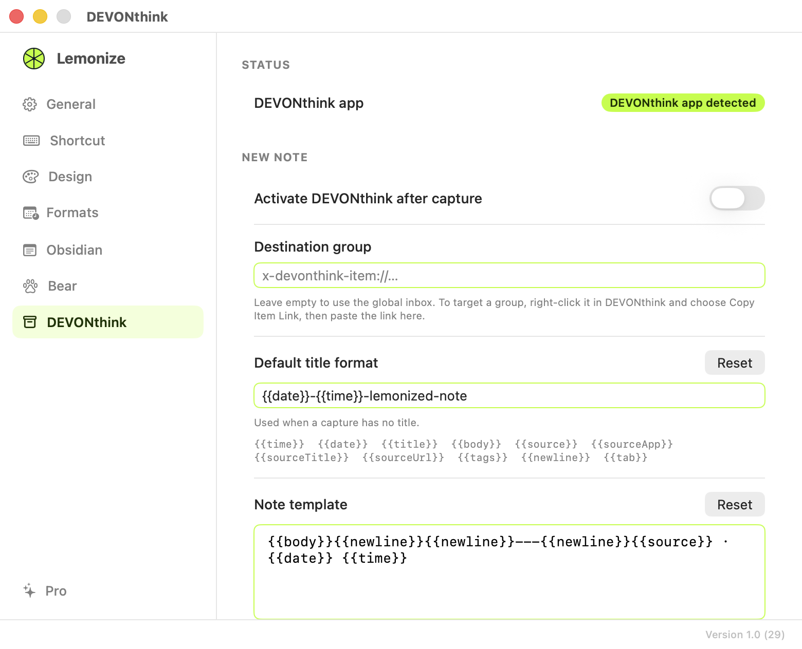 Lemonize DEVONthink settings: app status, activation, destination group, title and template.