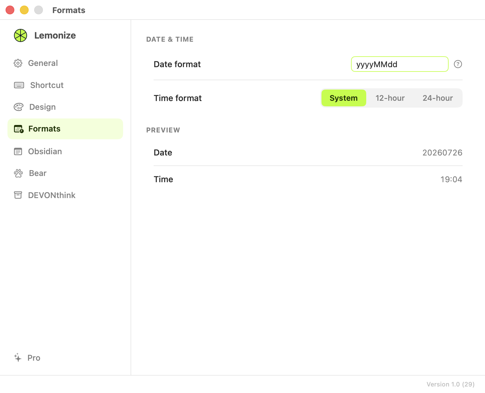 Lemonize Formats settings: Unicode date format, time format and live preview.