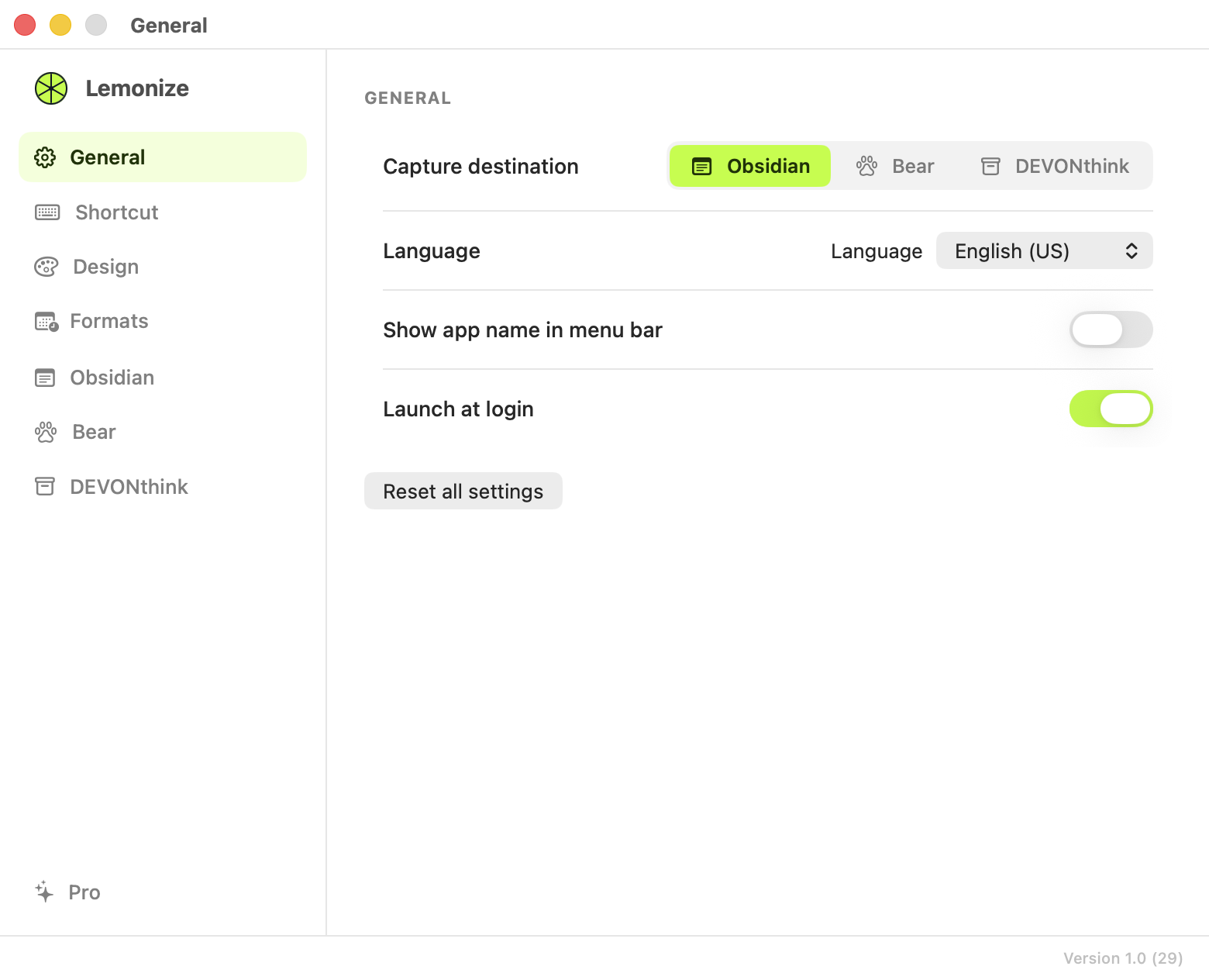 Lemonize General settings: default destination, language, menu bar name and launch at login.