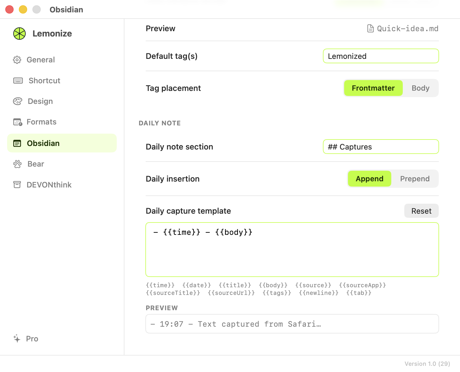 Lemonize Obsidian daily note settings: section, insertion mode, template and preview.