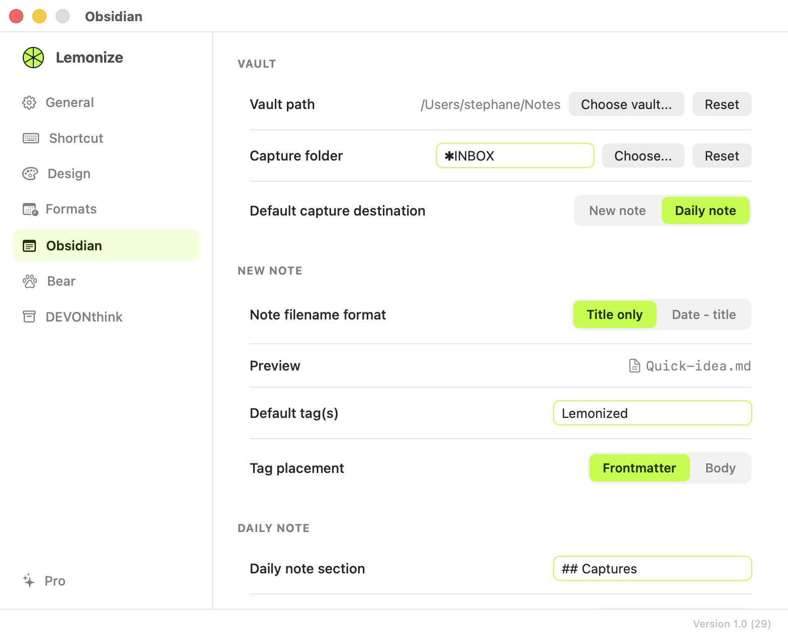 Lemonize Obsidian settings: vault, capture folder, default destination, filename and tags.