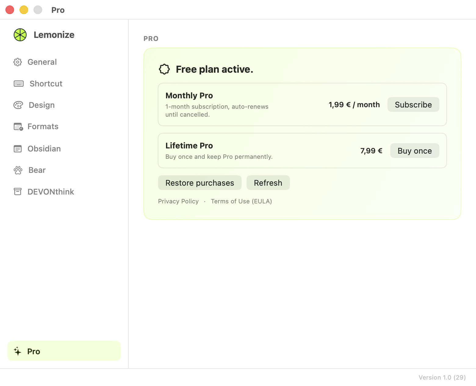 Lemonize Pro settings: free plan status, monthly and lifetime offers, restore and refresh actions.