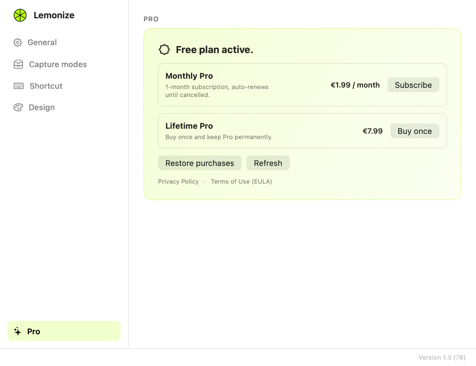 Lemonize Pro settings: free plan status, monthly and lifetime offers, restore and refresh actions.