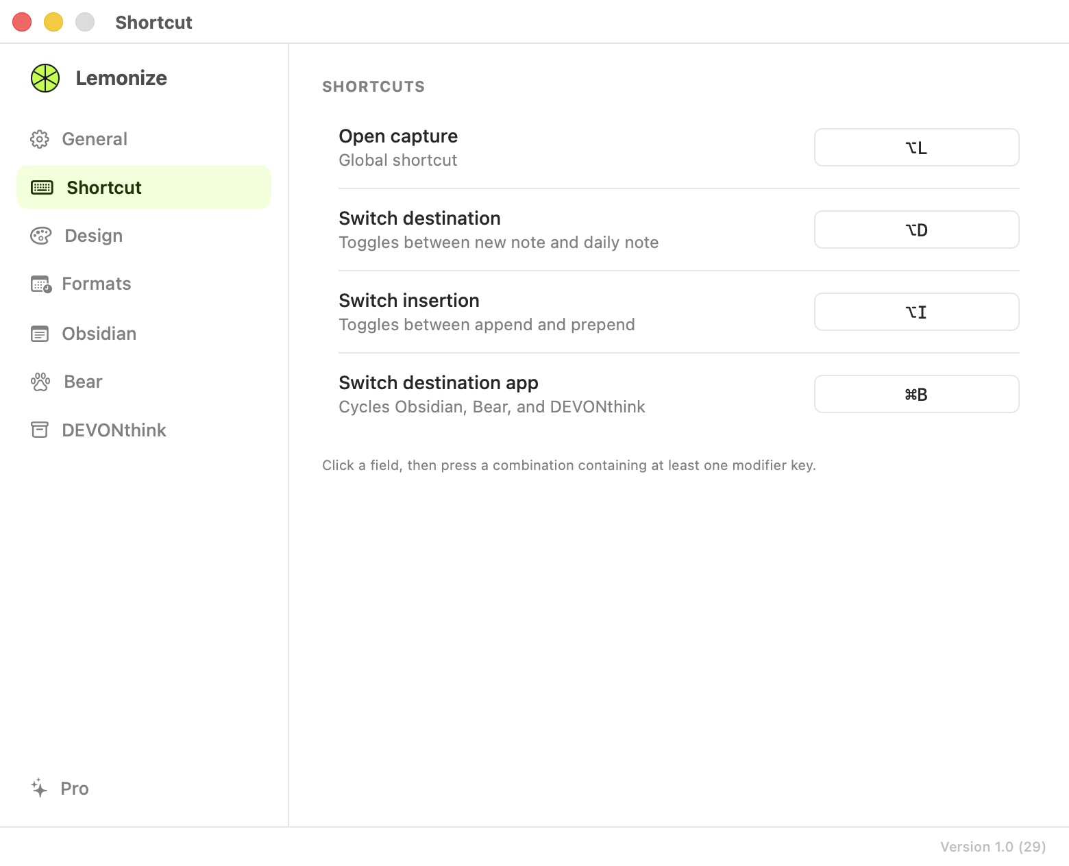 Lemonize Shortcut settings: capture behavior, title generation, destination, insertion, and destination app controls.