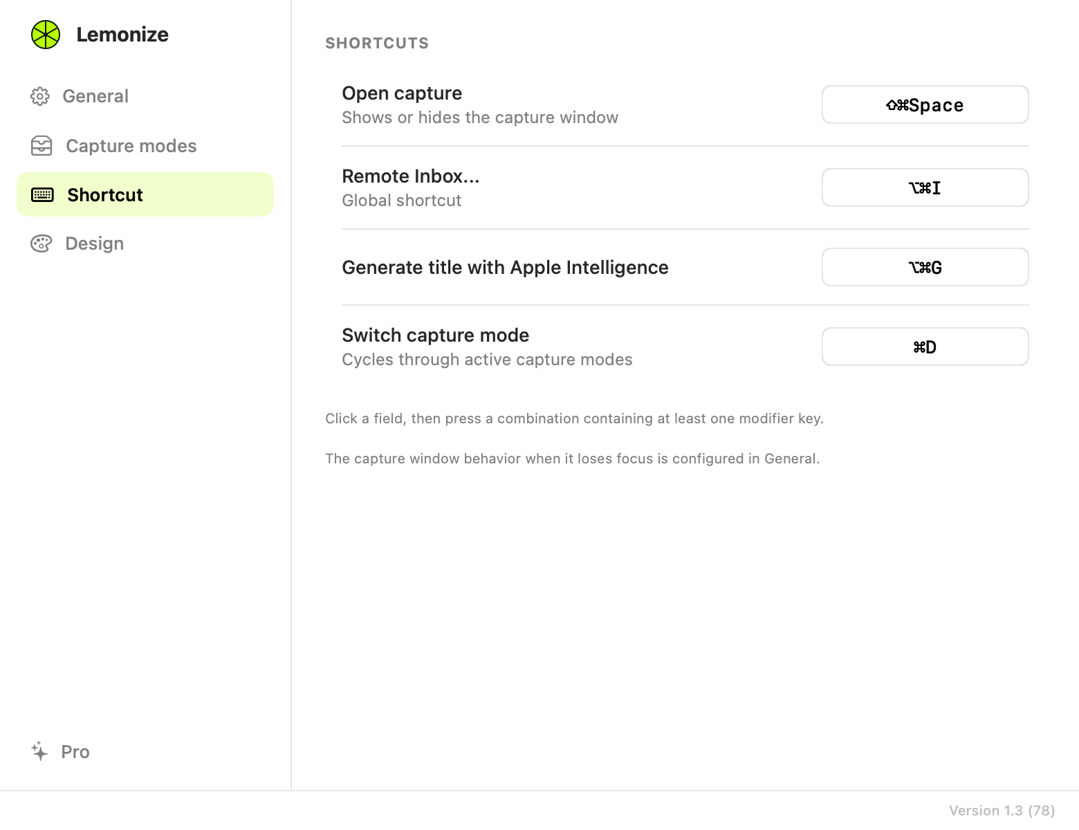 Lemonize 1.3 shortcuts: capture window, Remote Inbox, title generation, destination and insertion.