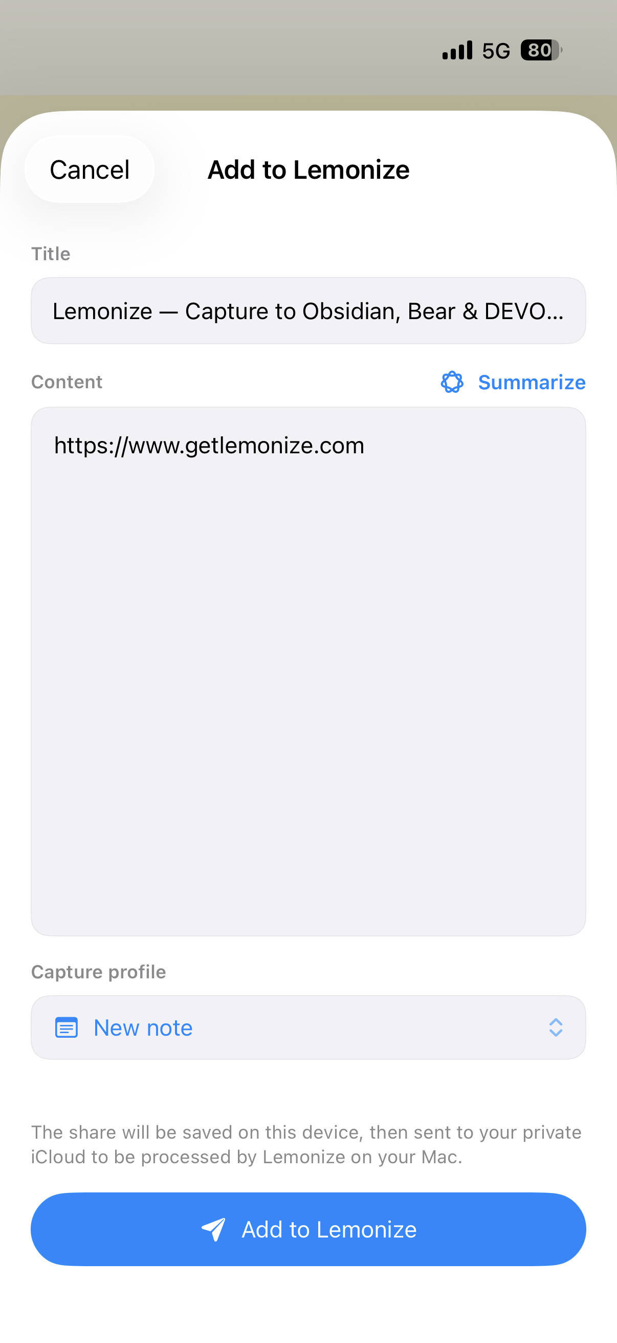 Lemonize Share Extension capture sheet on iPhone